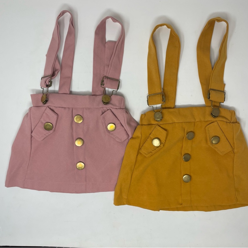 2pk Baby Pink/Yellow Gold Button Overall Skirts and 2 Headband Wraps Size 3-6m